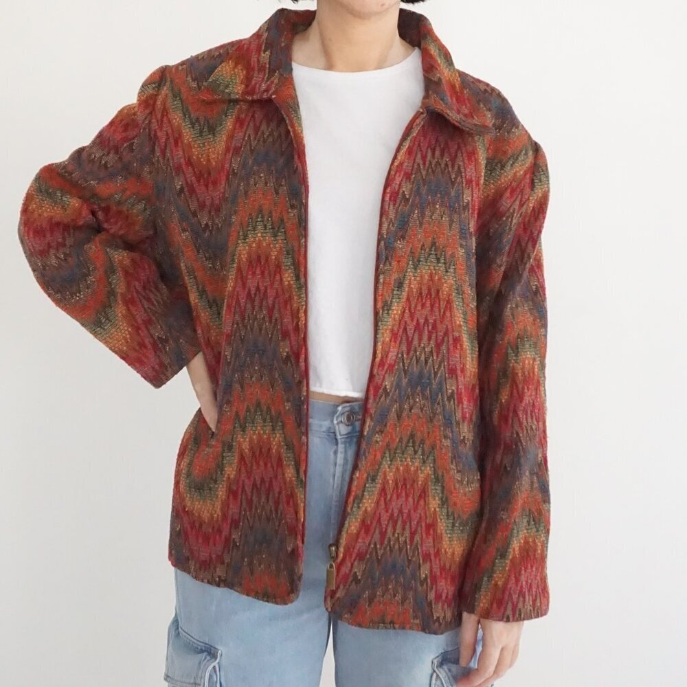 Vintage BonWorth Red Gold Southwestern Tapestry Zip Jacket Western Patchwork XLP